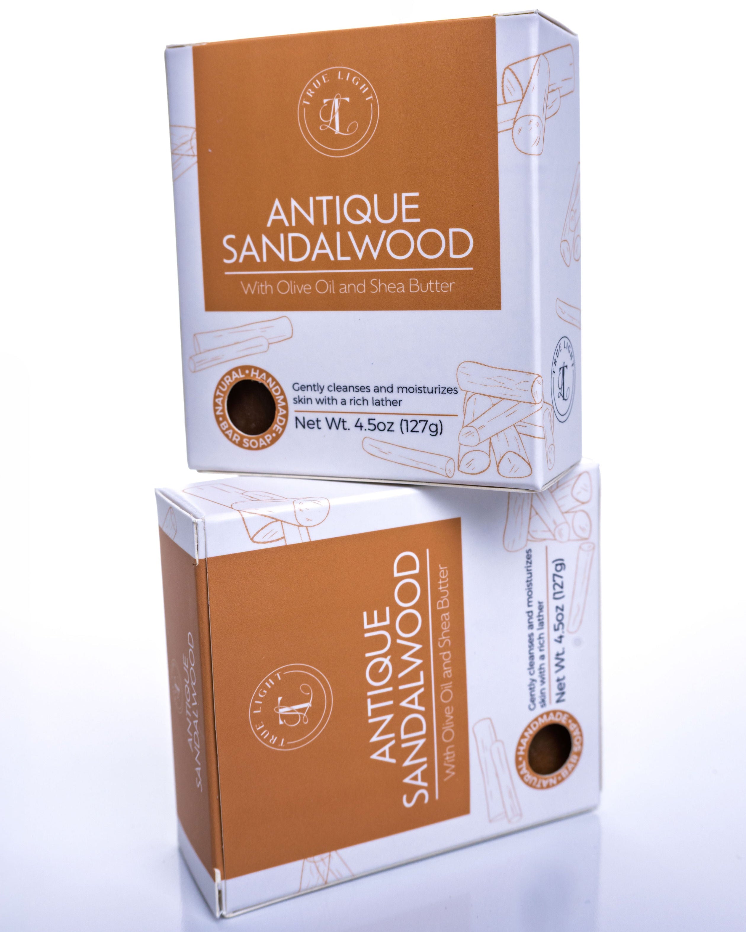 Two boxes of Antique Sandalwood soap on a white background