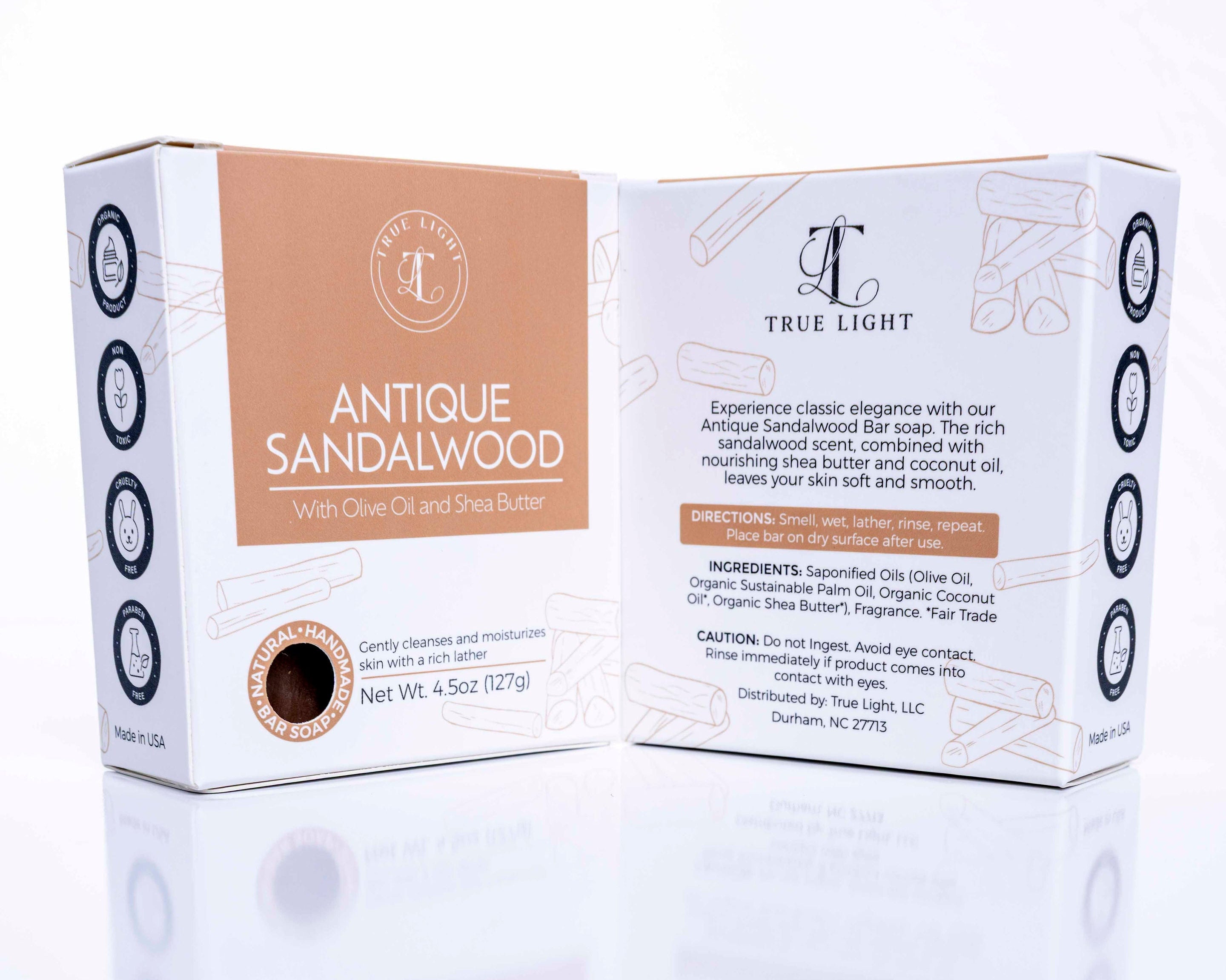 True Light Antique Sandalwood soap packaging on a white background