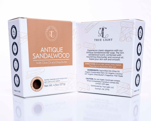 True Light Antique Sandalwood soap packaging on a white background